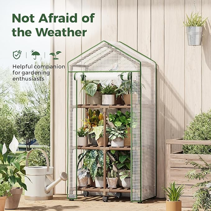 Bamworld 23 x 17 x 54-Inch Mini Greenhouses with Wheels Portable Green House with PE Cover Sturdy Eucalyptus Wood Frame Small Greenhouse for Winter Plant Frost Protection with Sturdy Eucalyptus Frame