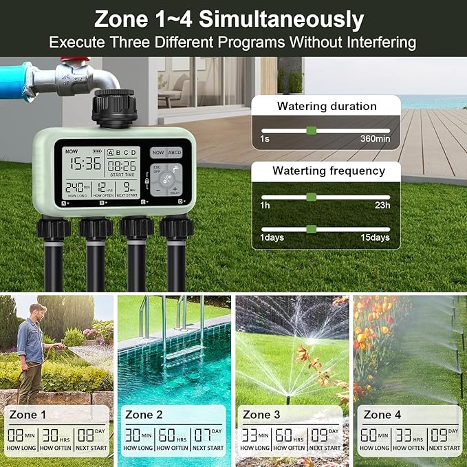 Watering Timer 4 Zone, Sprinkler Timer,Programmable Garden Outdoor Hose Faucet Timer with Rain Delay/Manual/Automatic Watering System,Water Hose Irrigation Timers 4 Outlet for Garden