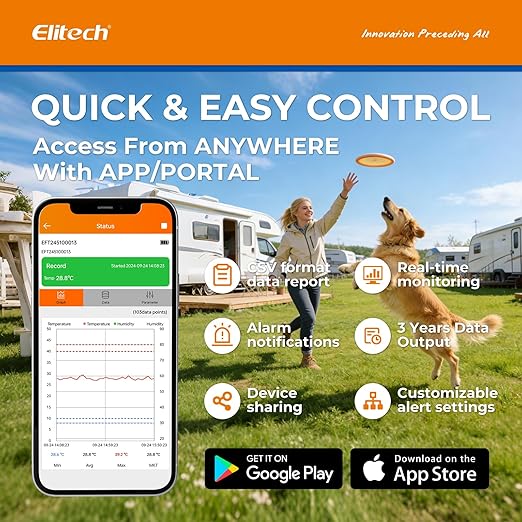 Elitech GPS Remote Cellular Temperature Humidity Monitor Data Logger Sensor, Power Outage Light Shock Alarm, App/Email/Text Alerts, for Vacation Home, RV, Pet Safety, 2-Year Subscription Included