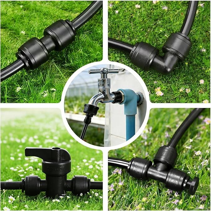 47 Pack Quick Connect 1/4" Drip Irrigation Fittings Kit, 1/4'' Drip Irrigation Tubing Push-to-Fit Connectors Parts- 5 Shut Off Valve, 10 Tees, 10 Couplings, 10 Elbows,10 End Plugs, 2 Faucet Adapters