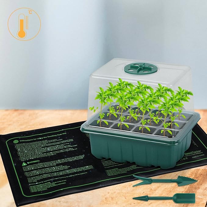 7-Pack Seed Starter Tray with Heat Mat (12 Cells per Tray), Plant Germination Trays with Adjustable Humidity Dome Seed Trays Seedling Starter with Base Trays for Germination