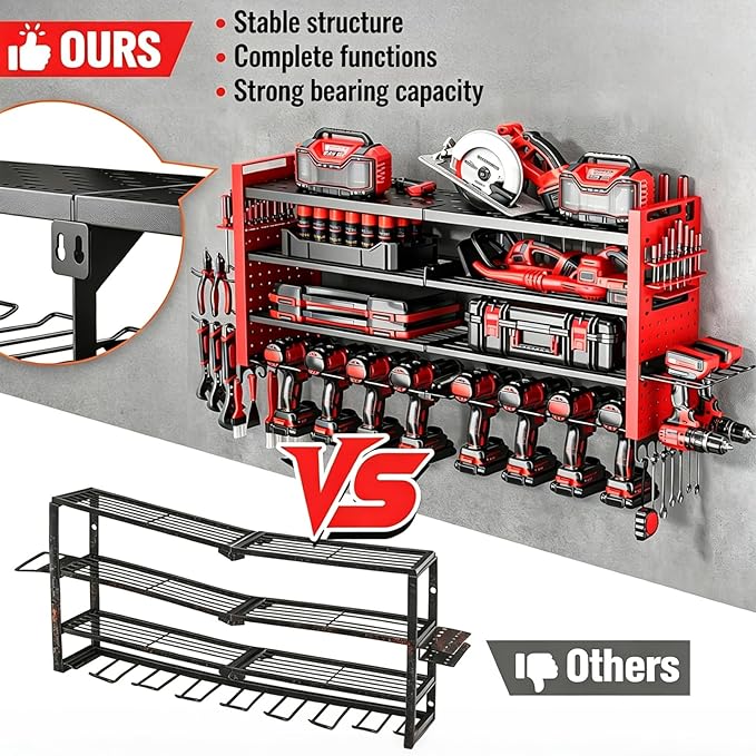 Heavy Duty Power Tool Organizer Wall Mount,Garage Organization with 10 Drill Holder, 4 Layers Tool Organizers and Storage for Workshop,Red