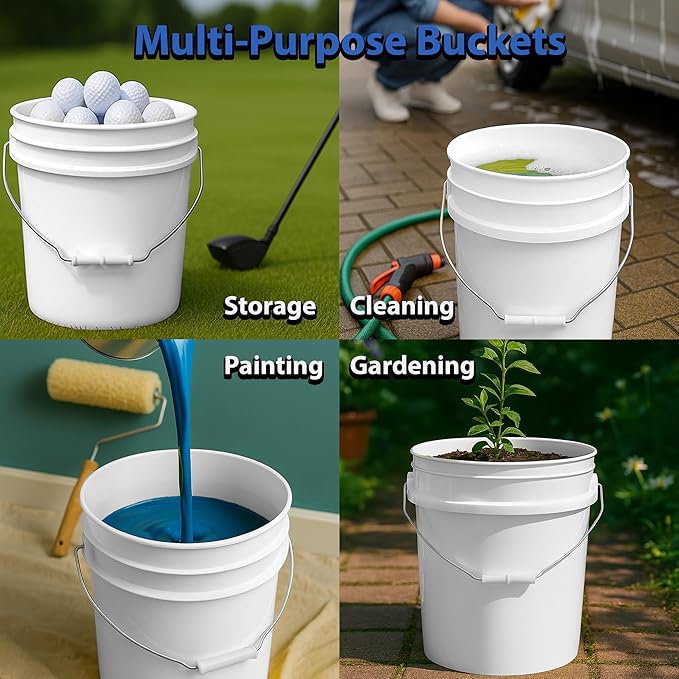 MKS Plastics 5-Gallon Bucket with Airtight Lid – Made in USA, Food Grade BPA Free Plastic, Heavy Duty Multi-Use, Metal Handle with Grip, Stackable Storage – Natural, 1 Pack