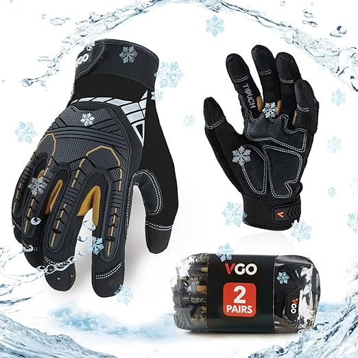 Vgo... 2-Pairs 32°F Waterproof High-Dexterity Heavy-Duty Winter Mechanic Gloves, Impact & Vibration Reduction (M, Black&Gold, SL8849FW)