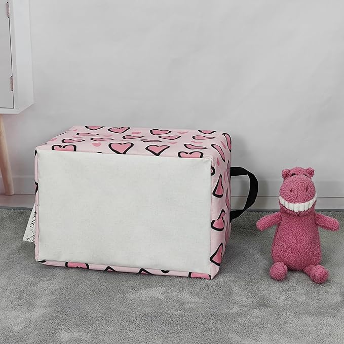 FANKANG Storage Bins, Nursery Hamper Canvas Laundry Basket Foldable with Waterproof PE Coating Large Storage Baskets for Kids Boys and Girls, Office, Bedroom, Clothes,Toys(Rec-Pink Love ）