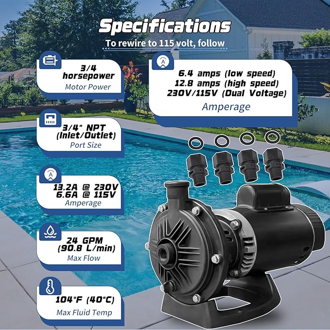 PB4-60 Pool Booster Pump 3/4 HP 115V/230V Dual Voltage 1600GPM Flow Fit for Polaris 180 280 380 480 3900 Kreepy Krauly＆Letro Legend Pressure Pool Cleaners