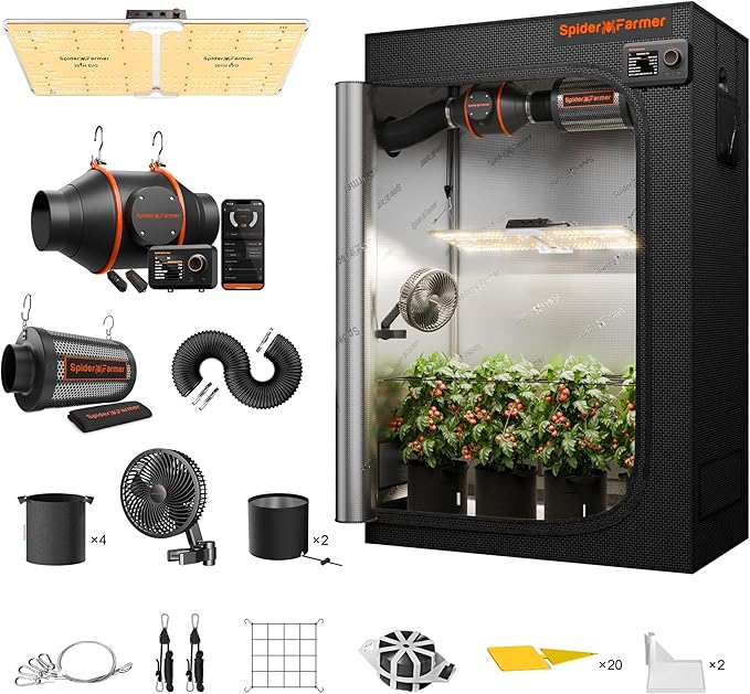 Spider Farmer Grow Tent Complete System 4x2 SF-2000 LED Grow Light with Samsung LM301H EVO Diodes & Dimmable Lights 47" x 24" x 71" Grow Tent 4 Inch Inline Fan Filter with GGS Smart Controller