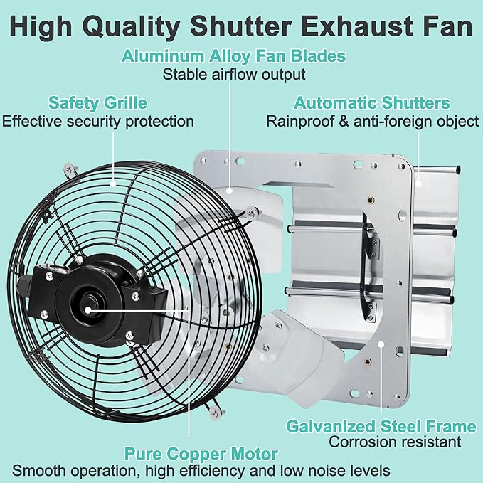 12 Inch Shutter Exhaust Fan, Wall Mount Attic Fan with Thermostat and Speed Controller for Greenhouses, Sheds, Garages, Chicken Coops, Barns Ventilation, 970 CFM