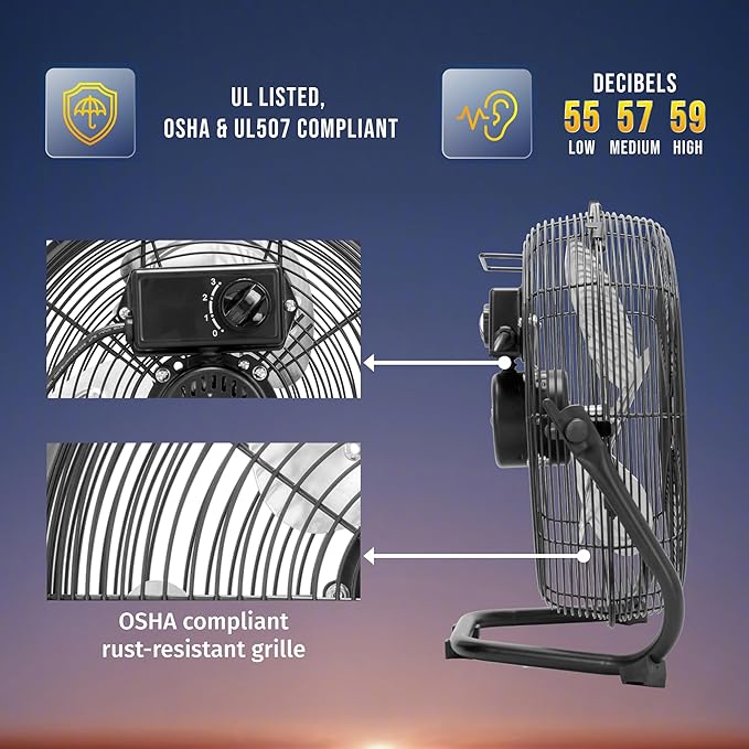 Tornado 12 Inch High Velocity Floor Fan, Heavy Duty Metal Industrial Fans, 3 Powerful Speed, 120° Adjustable Tilting 6.0 FT Cord - 2 Pack, Black