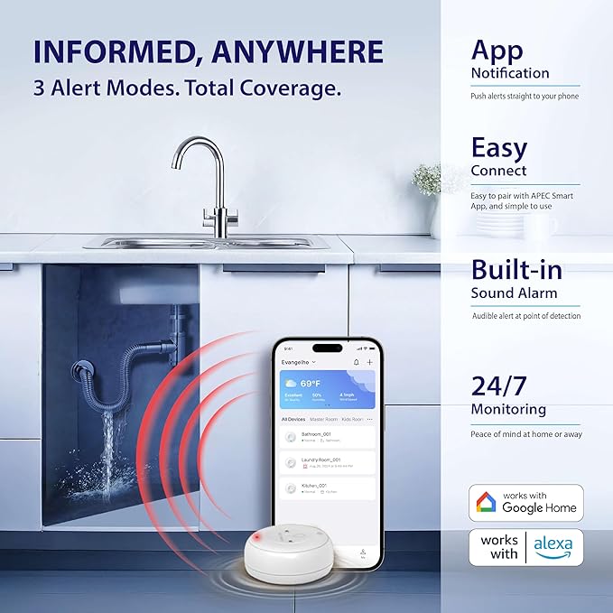 APEC WATER WiFi Water Leak Detector for Home, App Connected get Real-Time Alerts, Highly Reliable Dual Sensor Wet Moisture Detection (1PK)