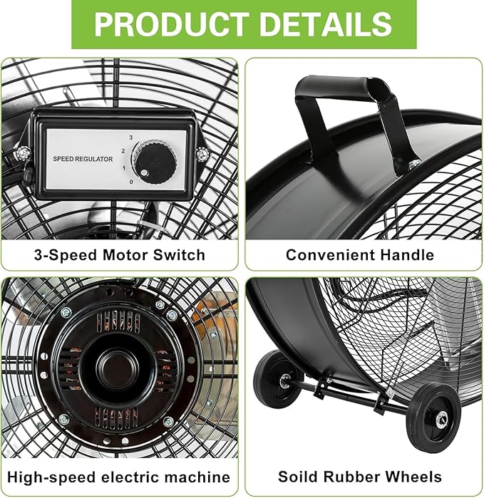 hykolity 34" High Velocity Industrial Drum Fan with 2 Speeds, 15000 CFM Heavy Duty Shop Fan with Casters & Handle for Warehouse, Factory Workshop and Garage Use