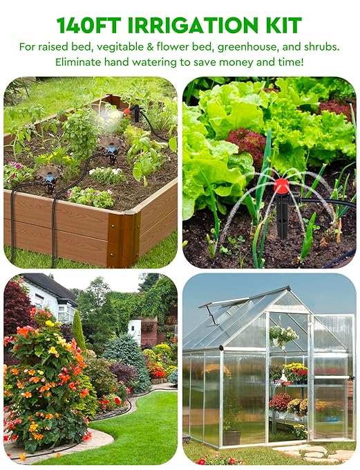 Drip Irrigation System, 40FT 1/2" Mainline & 100FT 1/4" Tubing, with Adjustable Drip Emitters Misting Sprinkler, Efficient Sprinkler System Kit for Flower Bed, Raised Bed, Greenhouse, Lawn