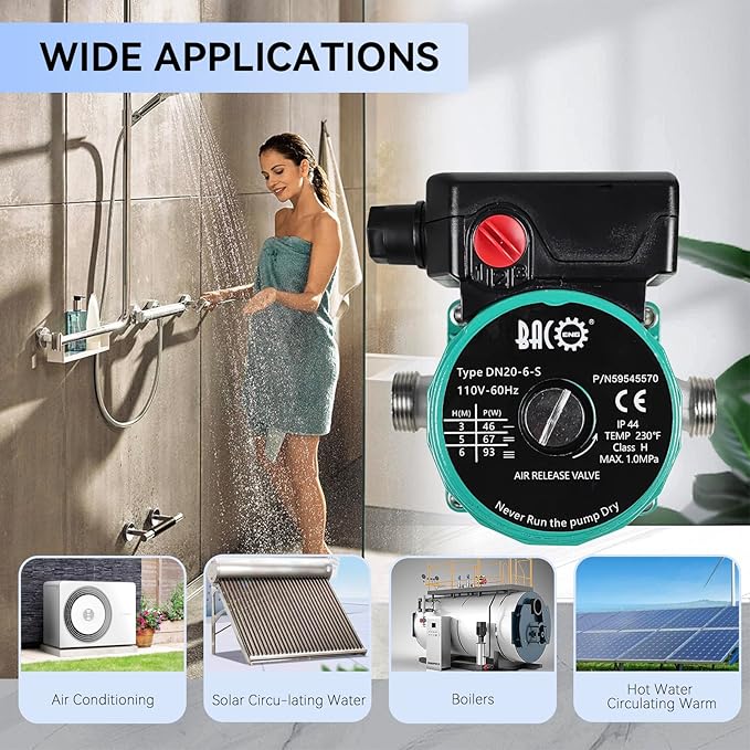 BACOENG Hot Water Recirculating Pump, 3/4" NPT 110V Automatic Circulating Pump for Water Heater Stainless Steel Head For Solar Heater (US Plug)