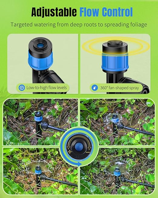 Pawfly 100 Pcs Drip Irrigation Emitters for 1/4" Drip Irrigation Tubing, Drip Emitters Sprinkler Heads for Plants Watering System, Garden Drippers with Adjustable 360 Degree Water Flow