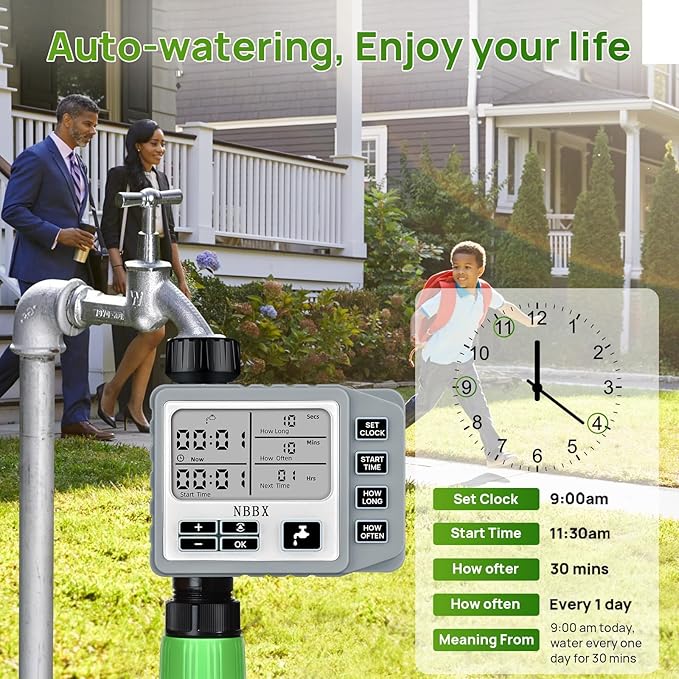NBBX Sprinkler Timer for Garden Hose, Outdoor Watering System with Rain Delay, Manual & Automatic Mode