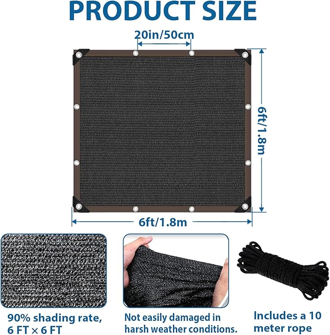 6 x 6 FT Shade Cloth for Garden Plants Greenhouse, 90% Sunblock Neting -for Outdoor Garden Lawn Plant Sun Shade Cloths for Kennel Chicken Coop Easier to Hang Net Cover