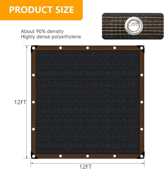 Shade-Cloth 85-90% for Garden Greenhouse Plants 12x12 FT, Black Sun-Block Shade Cover Mesh Tarp with Grommets Sun Shade Canopy for Outdoor Pergola Patio Flower Lawn Kennel Chicken Coop