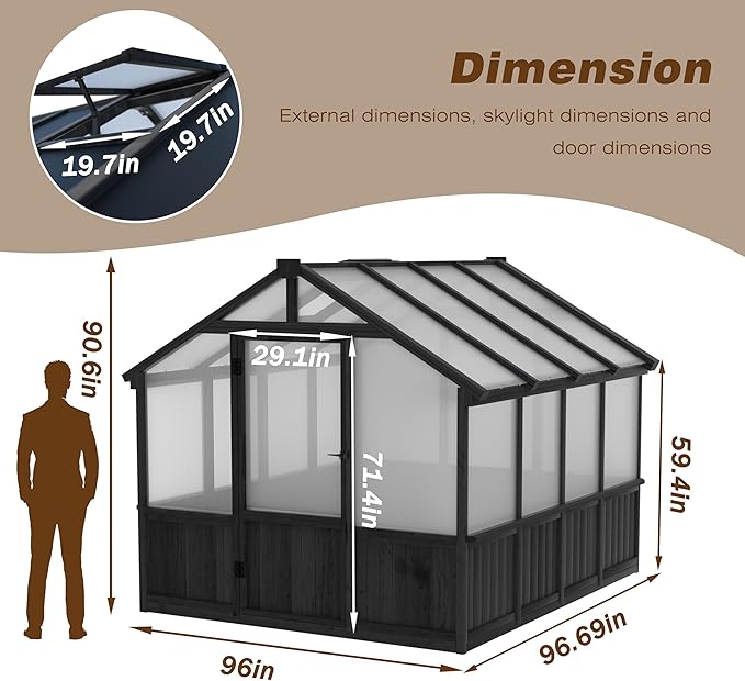 Yardenaler 8x8 FT Greenhouse Kit for Outdoor, 6MM Thick Polycarbonate Panel Wooden Walk-in Green House with Lockable Door and Adjustable Roof Vent, Backyard Garden, Black