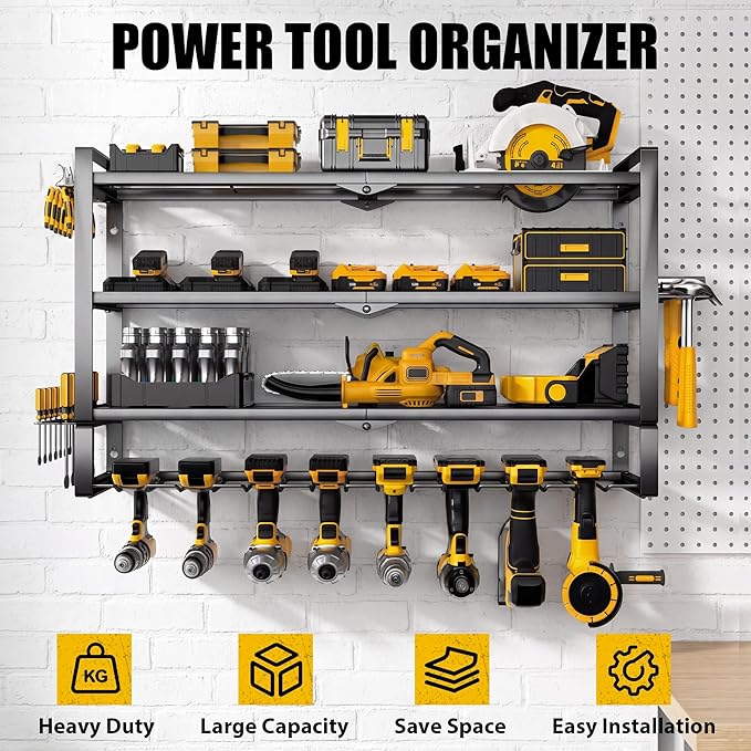 MOOMSINE Large Power Tool Organizer Wall Mount, 4-Tier Heavy Duty Metal Storage Rack Loads 400lbs, Battery Tools Hanger with 8 Cordless Drill Holder for Garage, Workshop, Pegboard, Shed