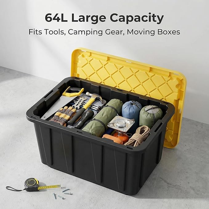 4 Pack 17 Gallon Heavy Duty Storage Bins with Lids, Industrial Stackable Lockable Nestable Plastic Totes Storage Containers for Garage, Moving, Home & Office Organization, Black & Yellow