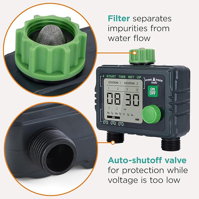 Pine Tree Tools Hose Timer - Programmable Water Timer for Garden, Automatic & Manual Watering System, Outdoor Faucet for Lawn, Garden & Yard, Battery Operated, 2 Outlet Hose Watering