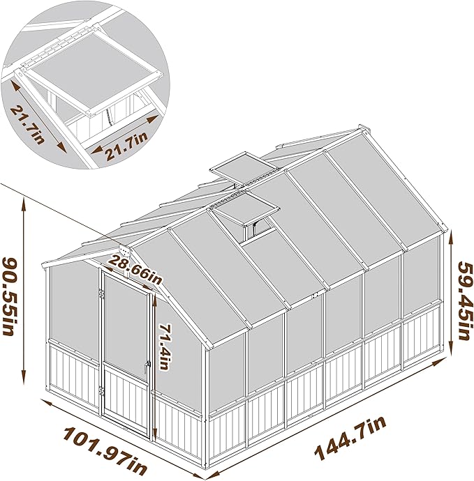 Yardenaler 8x12 FT Greenhouse Kit with 6MM Thick Polycarbonate Panel for Outdoor, Wooden Walk-in Green House with Adjustable Roof Vent and Lockable Door, Backyard, Garden, Light Mocha Brown