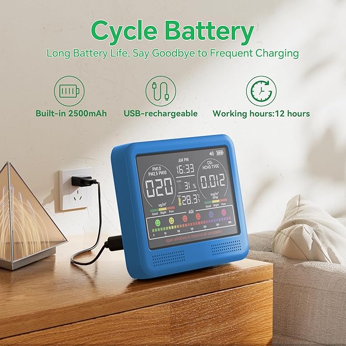 16-in-1 Indoor Air Quality Monitor with PM1.0,PM2.5,PM10,CO2,HCHO,TVOC,Temperature,Humidity,Time Display &7 AQI Alarms – Professional Air Quality Tester for Home, Office & Indoor Use (Lake Blue)