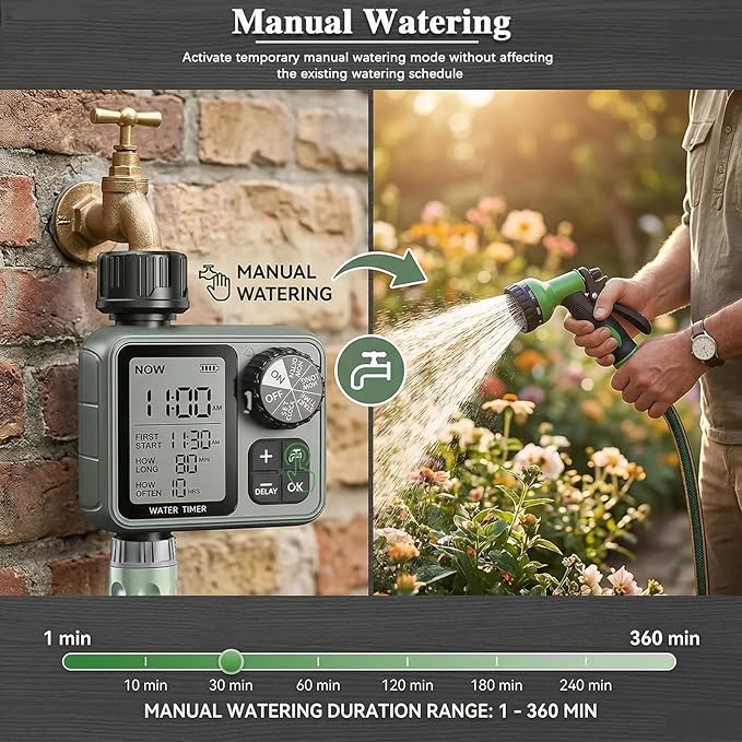 Sprinkler Timer Ourdoor,Digital Pogrammable Hose Timers with Rain Delay/Manual/Automatic Drip Irrigation Controller System,Smart Water Timer for Garden Hose with Large Display for Garden, Lawn, Yard