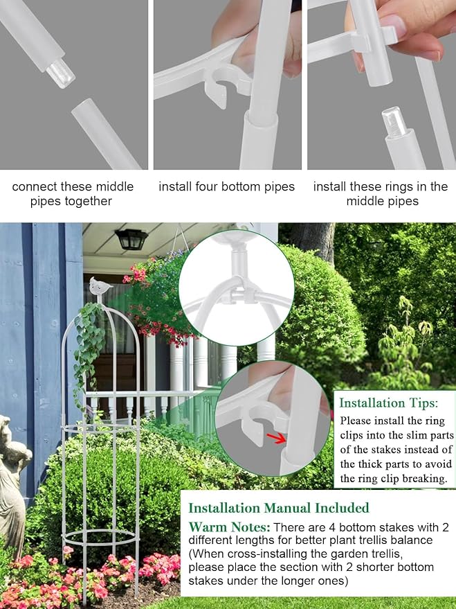 6 Feet Tall Garden Trellis for Climbing Plants Kalolary Garden Tower Obelisk Trellises Rustproof Metal Potted Plant Climbing Support for Indoor Outdoor Flowers Vegetable Fruits Vines Support (White)