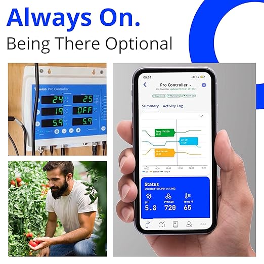 Bluelab Pro Controller Wi-Fi Fully Automated 24/7 Digital Monitor for Hydroponics Multi-Nutrient & pH Dosing with EC Temperature Probe and Edenic Remote Monitoring Essential for Agriculture