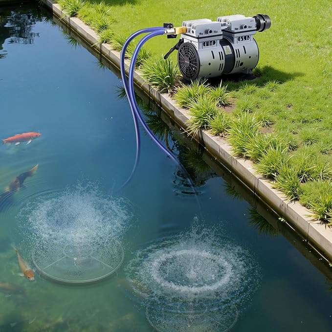 VEVOR Pond Aerators, 5.2CFM Aeration System for Lake up to 3 Acres, 3/4 HP Air Compressor, 2 Diffusesr & Two100' Weighted Tubings, Aeration Pump for Outdoor Ponds & Lakes Deep Water Oxygen Circulation