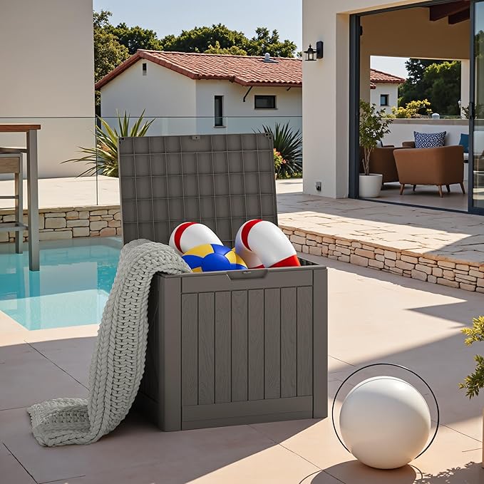 JUMMICO 42 Gallon Deck Box Waterproof, Resin Outdoor Storage Box with Side Handles, Outdoor Storage Benches Lockable for Patio Cushions and Garden Tools (Brown)