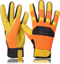 DEX FIT MG210P Mechanic Work Gloves, Waterproof Cowhide Leather Palm, Breathable Mesh Back, 3D Ergonomic Fit for Auto Repair, Construction, Gardening; Orange/Gold S 1 Pair
