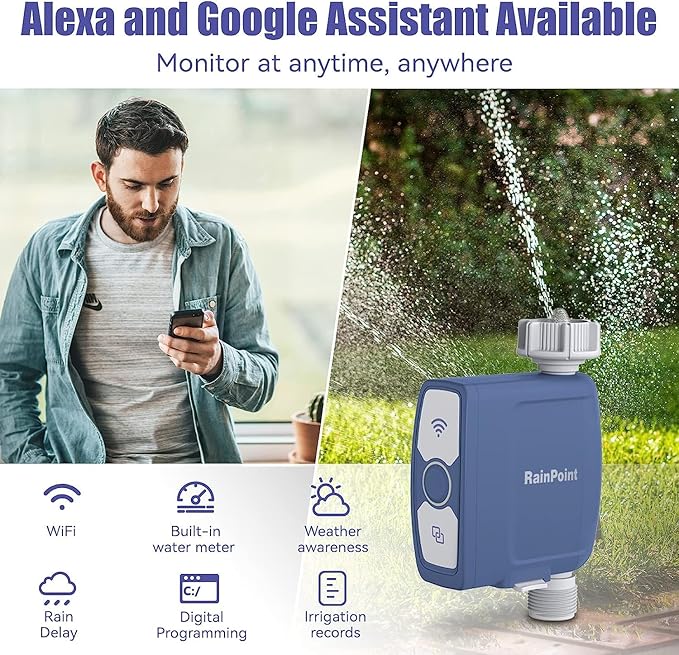 RAINPOINT WiFi Water Timer, Smart Hose Timer with Water Usage-Based and Soil Moisture-Based Watering System, Sprinkler Controller with Wi-Fi Weather Station Hub for Garden Irrigation