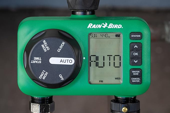 Rain Bird HET200 Electronic Digital Hose End Watering/Irrigation Timer, Battery Operated, 3/4" Garden Hose Thread, Heavy-Duty Brass Inlet, 2 Outlets/Ports