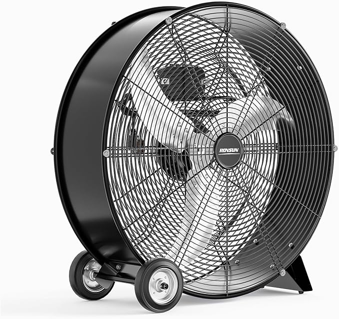 ROVSUN 24 Inch High Velocity Drum Fan, 9500CFM Industrial Metal Floor Fan with Handle, Heavy Duty, 3-Speed, Air Circulator for Shop, Garage, Gym, Barn, Commercial, UL Listed, Black