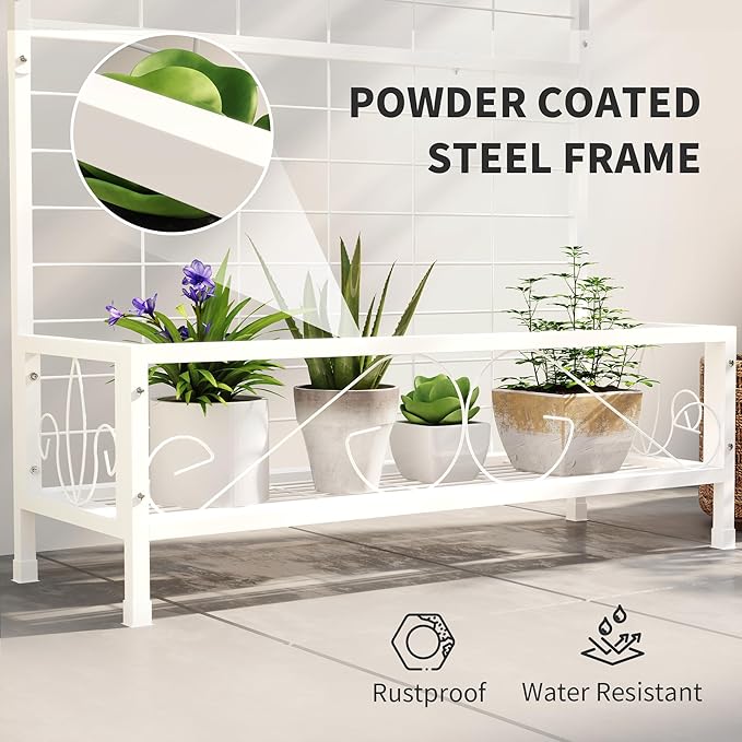 Outsunny Tall Plant Stand with Trellis and Hanging Bar, Metal Plant Holder Flower Stand for Vine Climbing Plants Flowers Indoor Outdoor Use, 36" x 12.8" x 74", White
