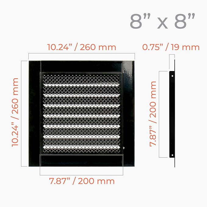 8" x 8" Inch Black Register Vent Cover - Square Industrial Return Air Vent Cover - Wall, Shed Vent, Foundation Vent - Wire Screen Mesh Crawlspace Louver Grille - Exhaust, Intake Gable Vent