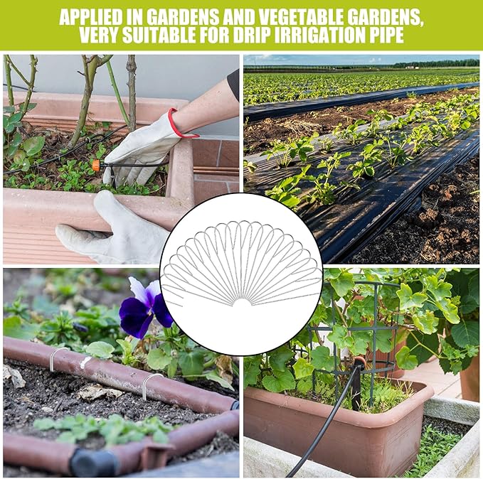 Pelopy 100 Pcs 5/8" Irrigation Drip Tubing Stakes 5 in J-Shaped Landscape Staples Garden Drip Line Stakes Soaker Hose Pins for Lawn Plant Yard Fence Ground Drips Systems, Sliver