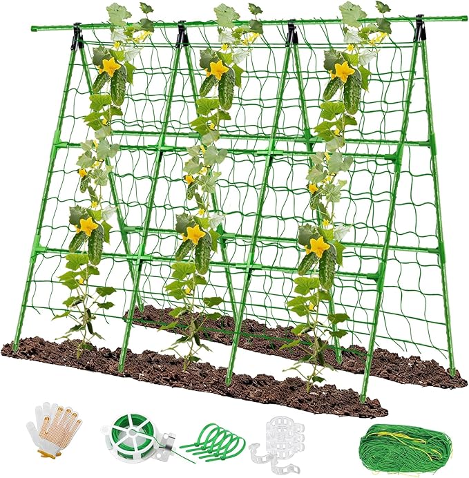 Joyhalo A-Frame Cucumber Trellis for Raised Beds, 47" Hx 57" L Adjustable Size, Garden Trellis for Climbing Plant Outdoors with Climbing Net and Plant Support Clip for Vegetable Vine Pea Bean Tomato
