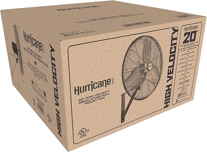 Hurricane Pro Commercial Grade Oscillating Metal Wall Mount Fan w/ 3 Speeds, Black, 20" - Corded Electric Air Cooling Unit w/ Powerful 4600 CFM Airflow for Home, Garage, Gym, Workshop & Greenhouse