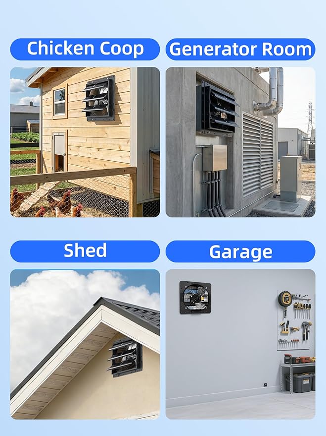 Upgraded 12" Shutter Exhaust Fan with Thermostat & Remote, 980 CFM High-Speed Wall Mounted Attic Vent Fan with Thermostat, Quiet Cooling Ventilation for Garage, Greenhouse, Chicken Coop