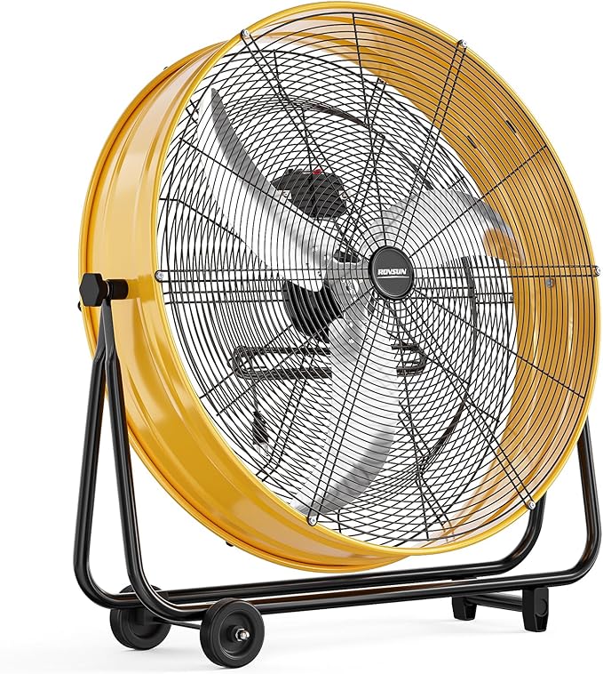 ROVSUN 30 Inch High Velocity Drum Fan, 13000CFM Industrial Metal Floor Fan with Handle, Heavy Duty, 3-Speed, 360° Tilt, Air Circulator for Shop, Garage, Gym, Barn, Commercial, UL Listed, Yellow
