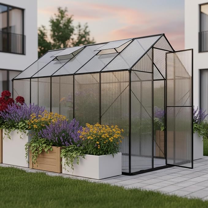 Kingdura 6x4ft Walk-in Greenhouse for Outdoors, Large Polycarbonate Greenhouses with Heavy Duty Aluminum Frame, Adjustable Roof Vent, Lockable Door, UV Protection for Outside Garden Backyard