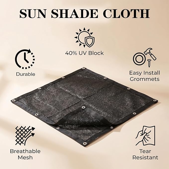 40% Garden Sunblock Shade Cloth, 16 x 20 FT Durable Taped Edge with Grommets UV Resistant Black Garden Shade Net for Plants, Greenhouse, Vegetables and Patio