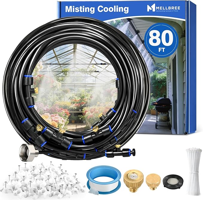 Mellbree Misters for Outside Patio 80FT/24M, Pre-Assembled Misting Cooling System with 24 Brass Nozzles & 3/4" Adapter, Outdoor Mister for Garden, Backyard, Pool, Greenhouse, Play Zone, Trampoline