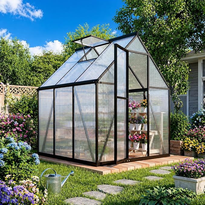 6x6FT Greenhouse for Outdoors, Polycarbonate Greenhouse with Quick Setup Structure and Roof Vent, Aluminum Walk-in Green Houses for Outside Garden Backyard, Charcoal Black