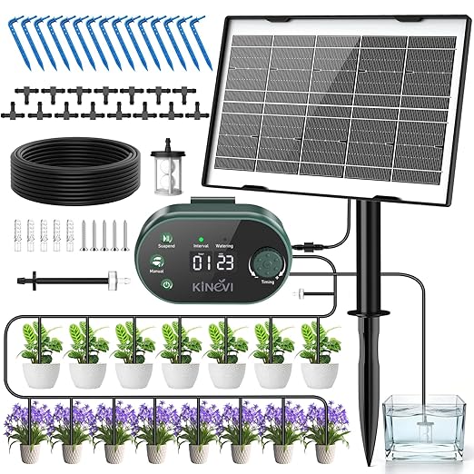 Solar Drip Irrigation System Kit, Auto Watering Kit for 15 Pots, 3W Solar Powered Auto Easy DIY Watering Device, 22 Timing Modes with Anti-Siphoning Device,for Outdoor Garden, Balcony