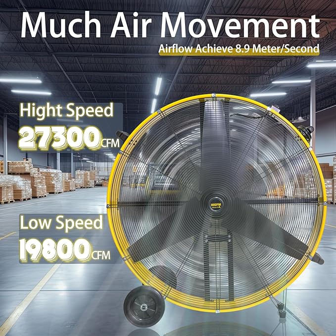 HiCFM 42" Industrial Drum Fan 27300 CFM High Velocity 2 Speed Settings Heavy Duty Metal Floor Fan for Commercial, Factory, Warehouse, Garage, Barn