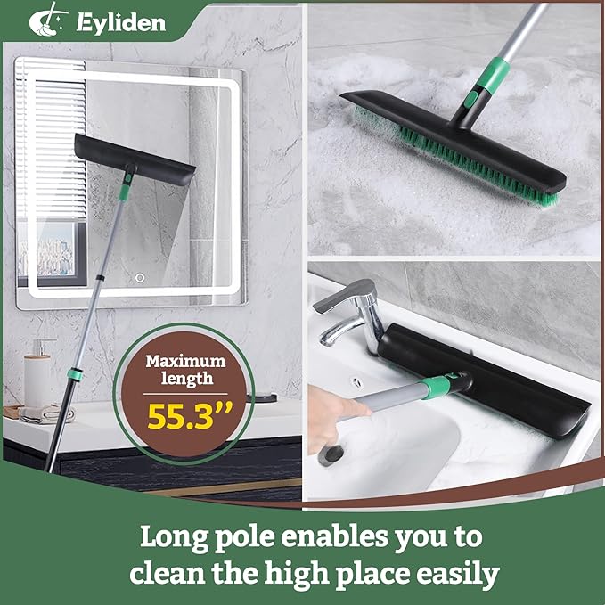 Eyliden Floor Scrub Brush with Long Handle, 15-inch Wide Deck Brush, 2in1 Floor Scrubber with Stiff Bristles and Rubber Squeegee for Bathroom, Shower, Kitchen, Patio, Garage, Telescoping Steel Handle